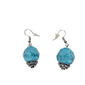 Blue Bead Dangle Earrings Silver Tone